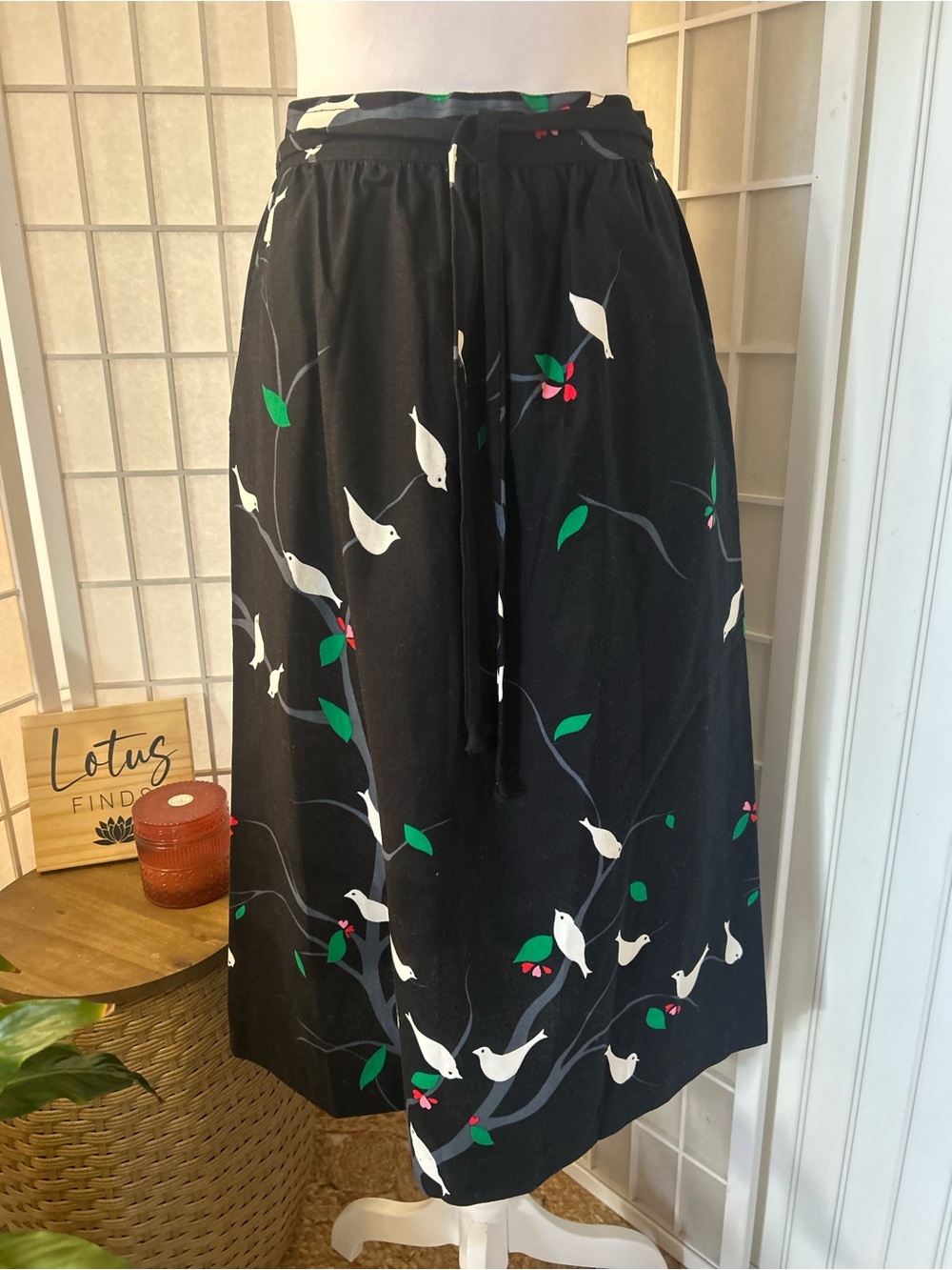 Vintage Talbots Black Bird Print Cotton Long Skirt Size 12 w/Pockets